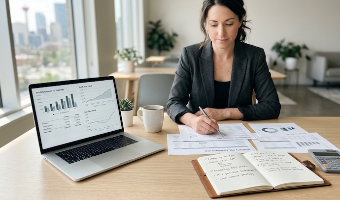 A professional business owner reviewing printed financial reports and digital charts on a laptop at a modern, sunlit desk with the Calgary skyline blurred in the background.
