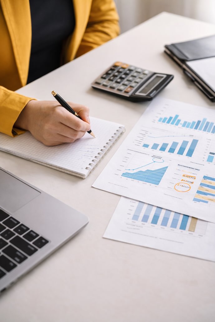 financial-reporting-analysis-calgary-bookkeeping-desk Bookkeeper reviewing financial reports and writing notes at a desk in Calgary workspace